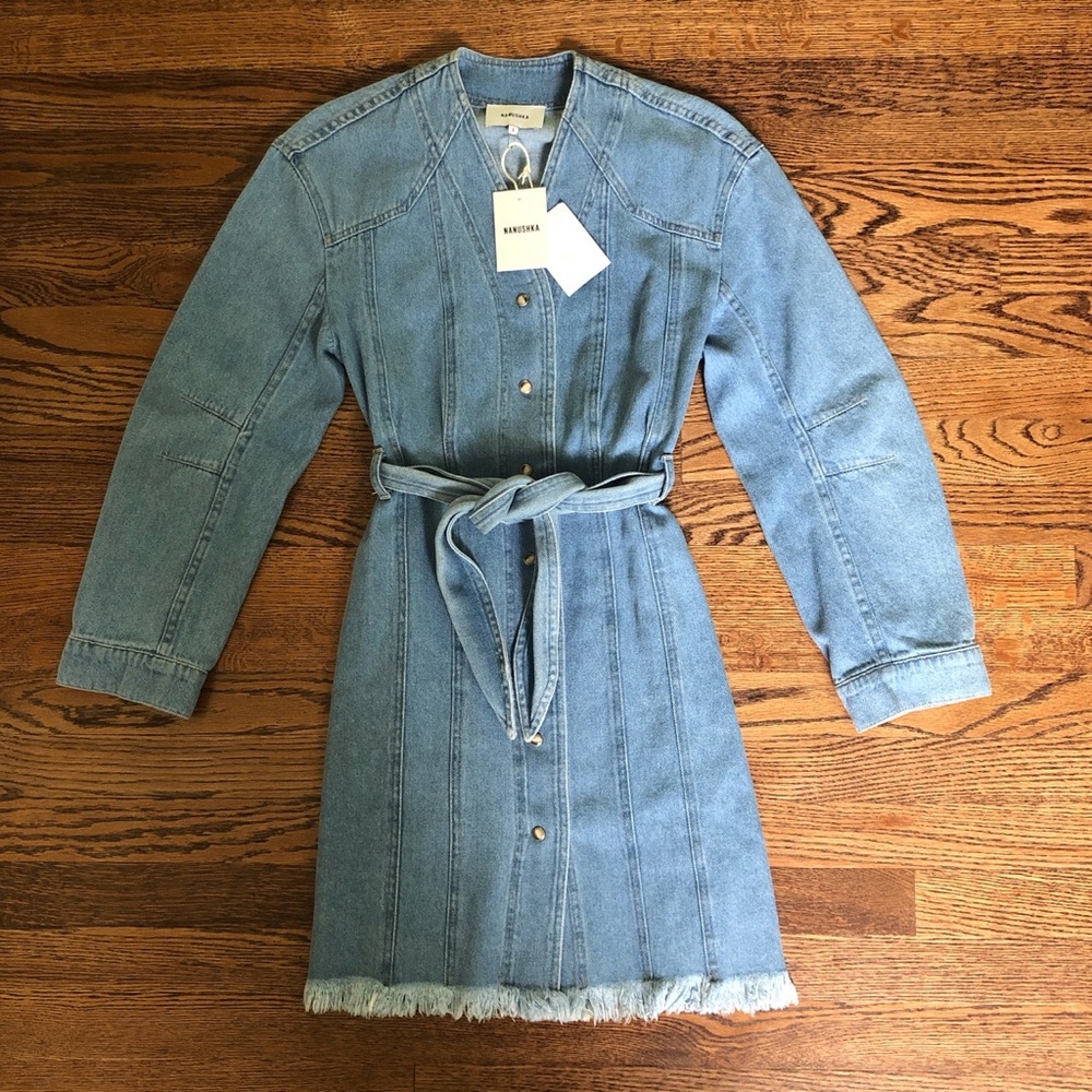NANUSHKA  IDenim Raw-Hem Belted Knee-Length Dress